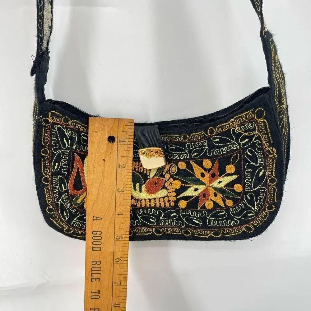 Womens Boho Bag Embroidered Handbag Purse handmade Black Multicolor